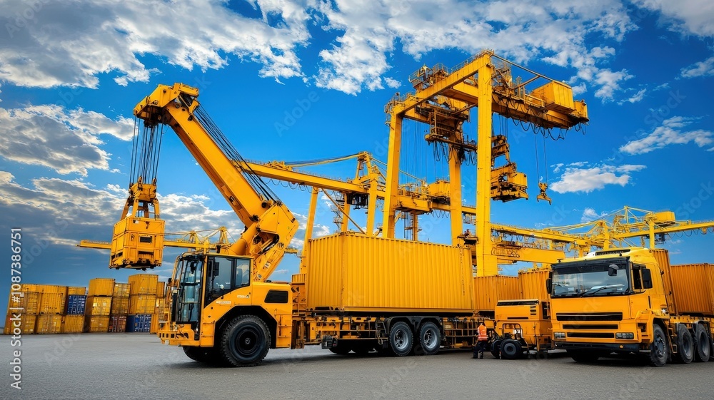 A vibrant scene featuring yellow cranes and a truck at a shipping yard, set against a blue sky with clouds. A vibrant scene featuring yellow cranes and a truck at a shipping yard, set against a blue sky with clouds.
