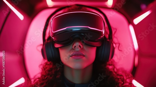 A woman with curly hair wearing an advanced VR headset is enveloped in a high-tech neon pink chamber, conveying a futuristic and immersive tech experience. photo