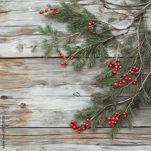 Holiday Evergreen Branches and Berries Over Rustic Wood Background By IrisImages Dimensions photo