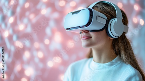 A serene scene of a woman wearing a VR headset, set against a tranquil backdrop of pink lights, representing calm and immersive digital experience. photo