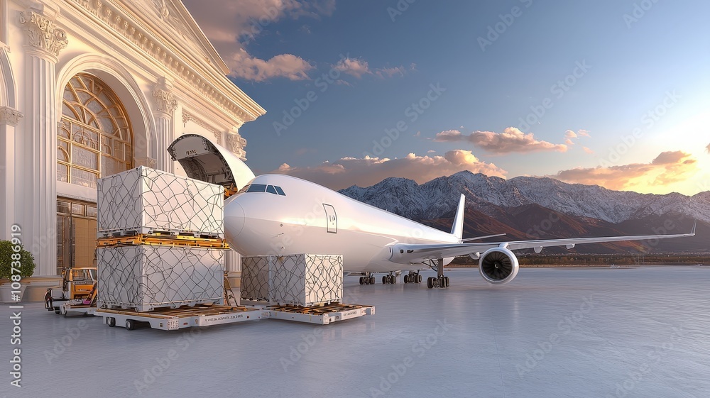 Fototapeta premium A cargo plane is unloading large crates outside a grand building, surrounded by mountains and a scenic sky.