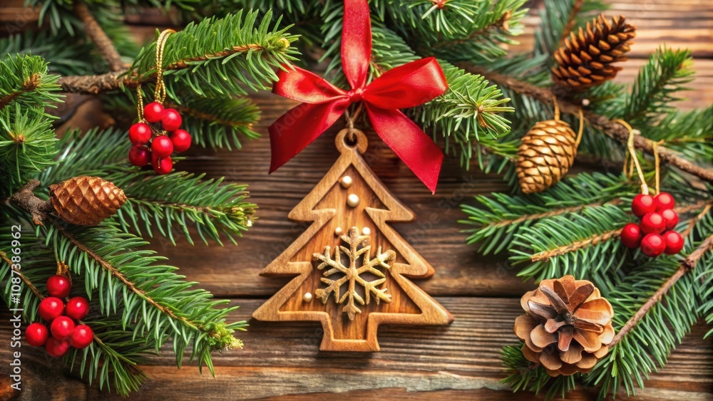 Wooden Christmas Tree Ornament Decorated with Gold Snowflake and Red Bow on Pine Branches with Pine Cones and Berries Wooden Christmas Tree Ornament Decorated with Gold Snowflake and Red Bow on Pine Branches with Pine Cones and Berries