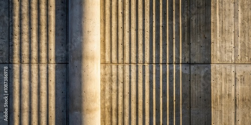 A vertical concrete column casts long shadows across a textured wall, creating a geometric pattern of light and dark stripes.