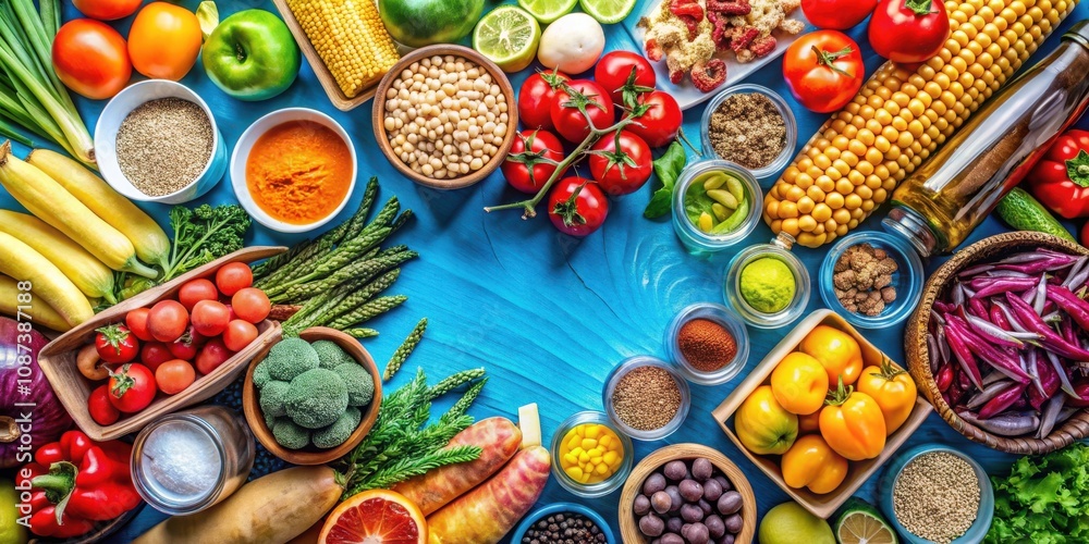 A vibrant and colorful array of fresh produce and pantry staples create a visual feast of ingredients for healthy and delicious cooking A vibrant and colorful array of fresh produce and pantry staples create a visual feast of ingredients for healthy and delicious cooking