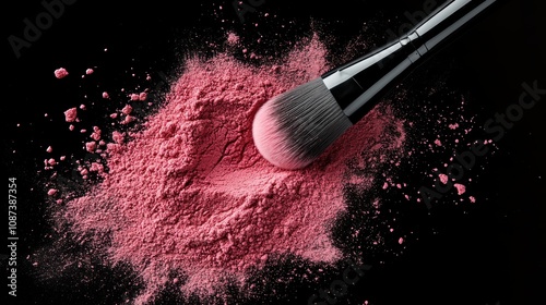 A close-up image of a pink makeup brush lying amid a scatter of pink powder, highlighting the details of the brush's bristles and powder texture. photo