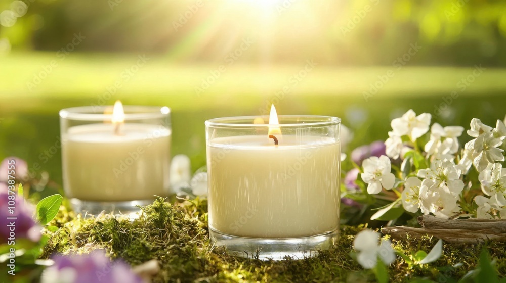 Two lit candles surrounded by flowers and greenery create a serene, tranquil atmosphere in natural sunlight.