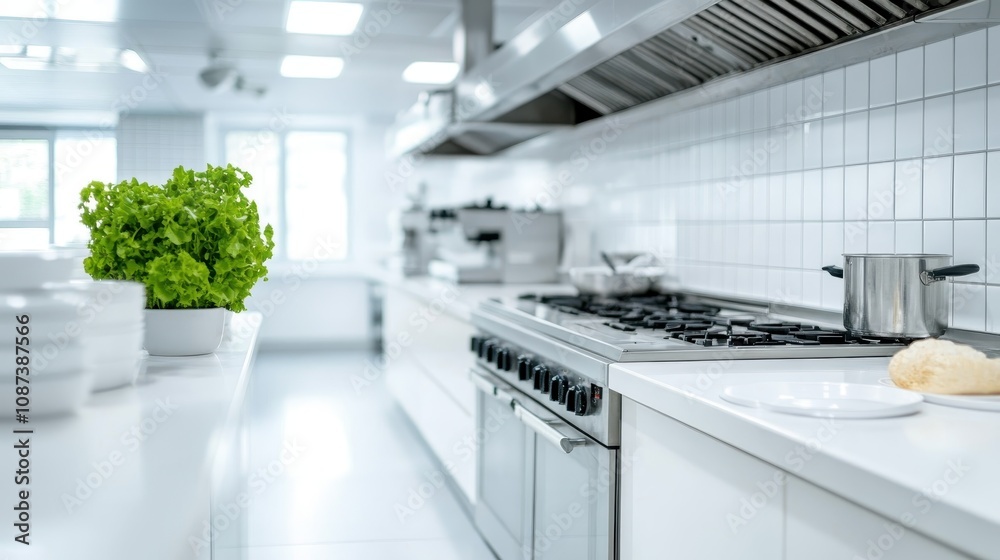 custom made wallpaper toronto digitalA modern kitchen featuring stainless steel appliances, a gas stove with simmering pot, and a fresh green plant, symbolizing culinary art and style.