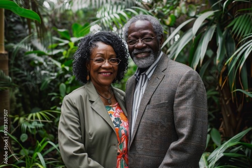 Portrait of a happy afro-american couple in their 50s wearing a professional suit jacket in lush tropical rainforest