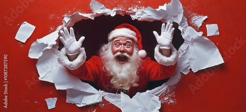 Photograph of a happy Santa Claus on a red background. He is in the middle of a large hole with white paper around him, wearing white gloves and , with open hands and palms up to his face. This is a C photo