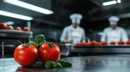 Two chefs working diligently in a modern, stainless steel kitchen filled with fresh tomatoes, illustrating dedication and passion for culinary arts in a sophisticated atmosphere. photo