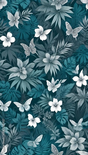 Tropical exotic pattern with animal and flowers in bright colors and lush vegetation