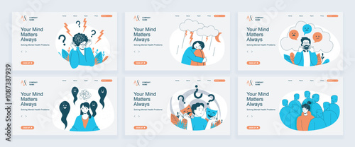 Mental health problem concept of landing page with slide templates set in flat design. Website headers with people feeling negative emotions, crying, stress and nervous illness. Vector illustrations.