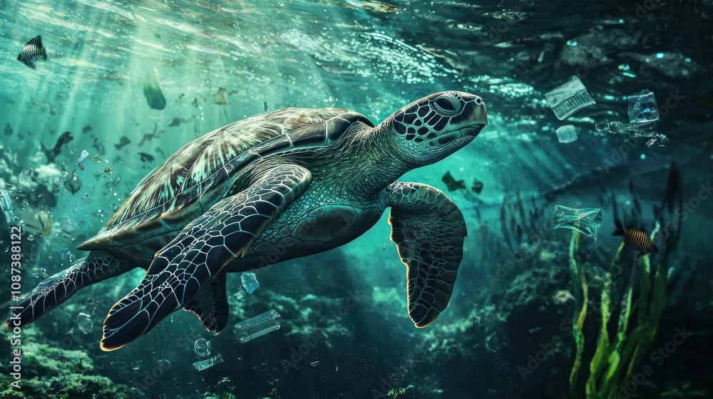 Fototapeta premium A heartbreaking scene of plastic debris floating in the ocean, with a sea turtle nearby