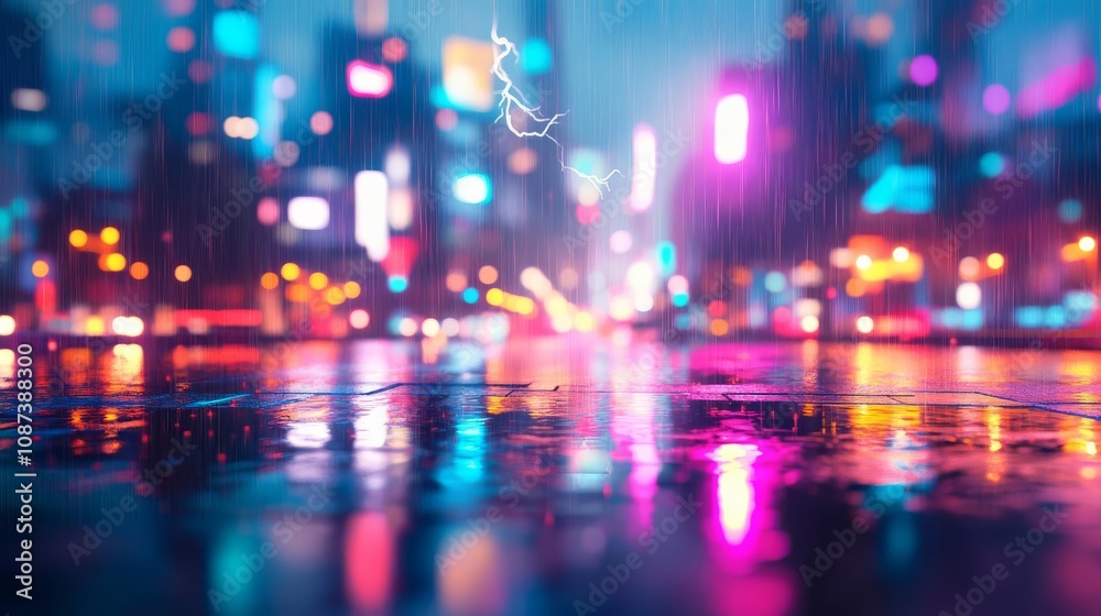 Dark city skyline with neon lights, lightning flash reflecting in rain-soaked streets, 3D illustration Dark city skyline with neon lights, lightning flash reflecting in rain-soaked streets, 3D illustration
