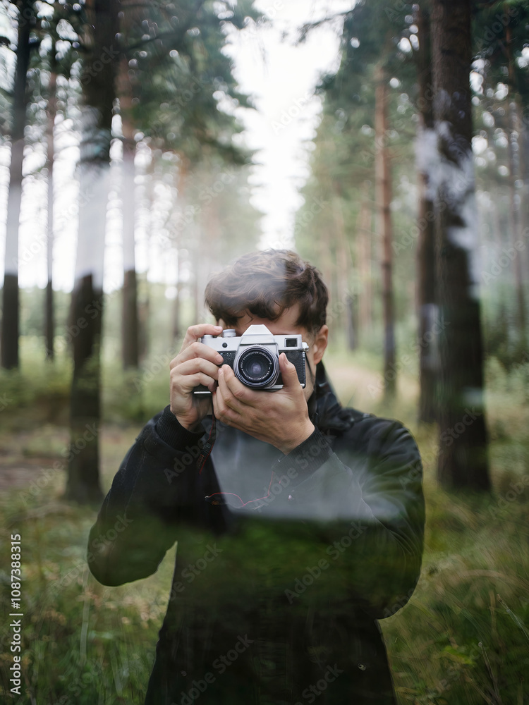 A man in a forest taking a photo with a camera.. A man in a forest taking a photo with a camera..