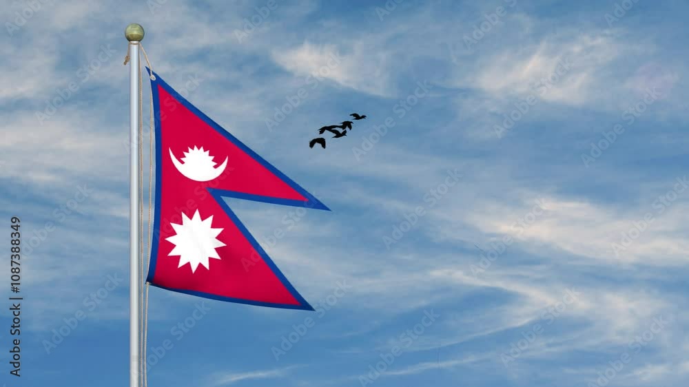 Waving Nepal country flag,The national flag of Nepal on a pole. The waving flag. The sign and symbol of the country. Waving Nepal country flag,The national flag of Nepal on a pole. The waving flag. The sign and symbol of the country.