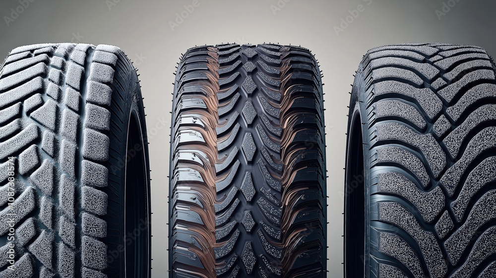 Fototapeta premium Close-up view of three different car tires with distinct tread patterns showcasing winter, mud, and all-weather designs, emphasizing grip and performance in various conditions.