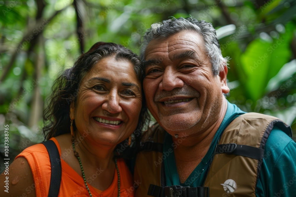 Portrait of a cheerful latino couple in their 60s dressed in a water-resistant gilet on lush tropical rainforest Portrait of a cheerful latino couple in their 60s dressed in a water-resistant gilet on lush tropical rainforest