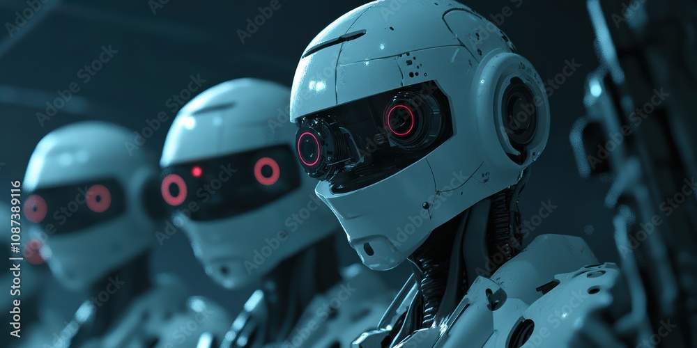 Futuristic humanoid robots with glowing red eyes in a high-tech environment, showcasing advanced technology and artificial intelligence concepts for innovation themes. Futuristic humanoid robots with glowing red eyes in a high-tech environment, showcasing advanced technology and artificial intelligence concepts for innovation themes.