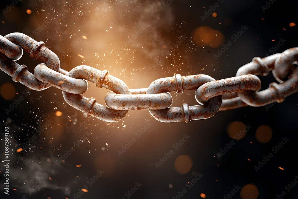 Close-Up View of Heavy Chains Used in Industrial Lifting Applications, Showcasing Rust and Detail, with Dramatic Lighting and Background Elements Close-Up View of Heavy Chains Used in Industrial Lifting Applications, Showcasing Rust and Detail, with Dramatic Lighting and Background Elements