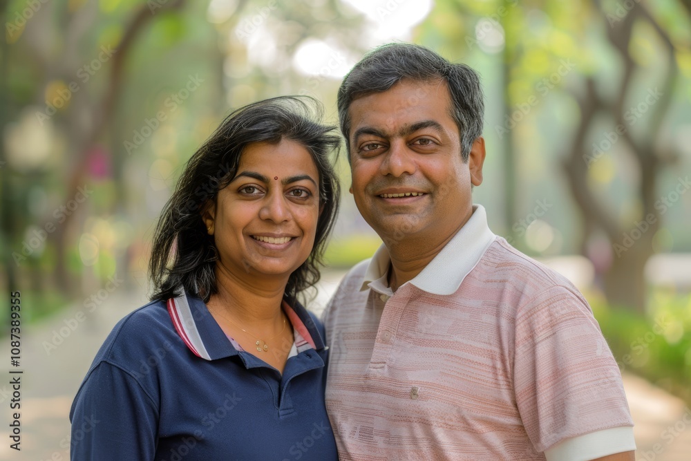 Portrait of a cheerful indian couple in their 30s wearing a breathable golf polo in vibrant city park Portrait of a cheerful indian couple in their 30s wearing a breathable golf polo in vibrant city park