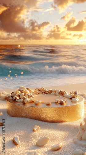 3D rendering, C4D, whimsical tropical-inspired scene featuring a golden circular podium adorned with macadamia nuts, tonka beans, and tucuma butter on a sandy beach. generative ai photo