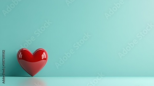 A glossy red heart placed against a teal background, epitomizing a minimalistic artistic style with a focus on love and simplicity.
