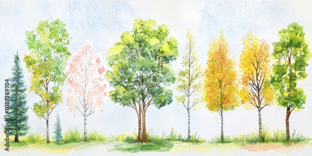 A Vibrant Collection of Different Tree Species in Vivid Watercolor Paintings Showcasing Seasonal Changes and Diverse Foliage in Nature's Beauty A Vibrant Collection of Different Tree Species in Vivid Watercolor Paintings Showcasing Seasonal Changes and Diverse Foliage in Nature's Beauty