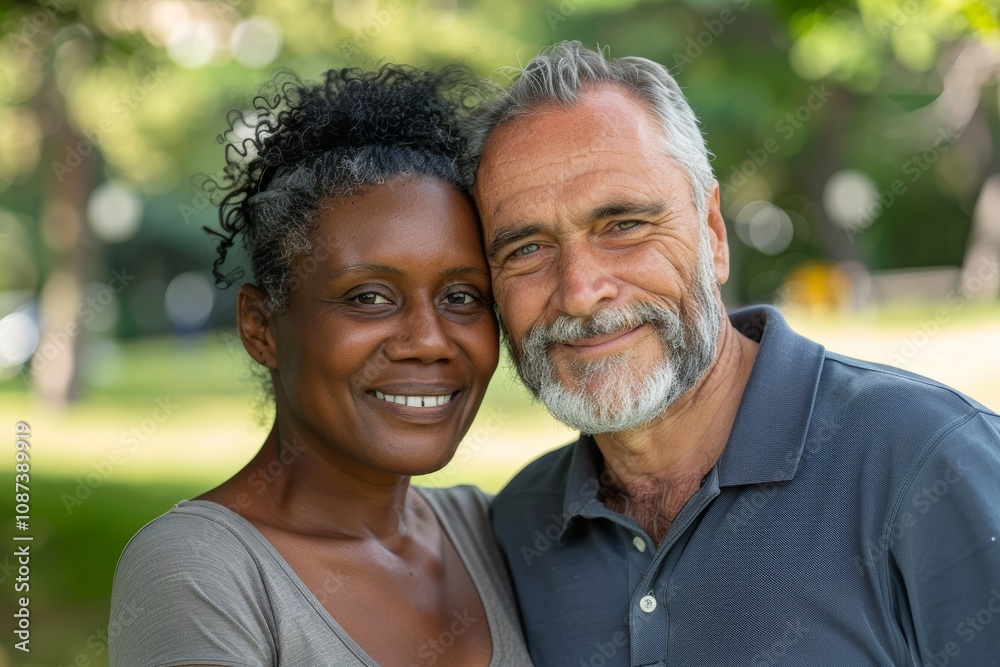 Portrait of a tender multiethnic couple in their 50s wearing a sporty polo shirt in vibrant city park Portrait of a tender multiethnic couple in their 50s wearing a sporty polo shirt in vibrant city park