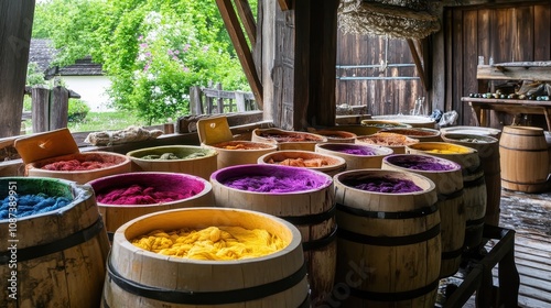 Vibrant Array of Dyed Natural Fibers in Rustic Wooden Barrels at an Artisan Workshop Surrounded by Lush Greenery and Traditional Craftsmanship