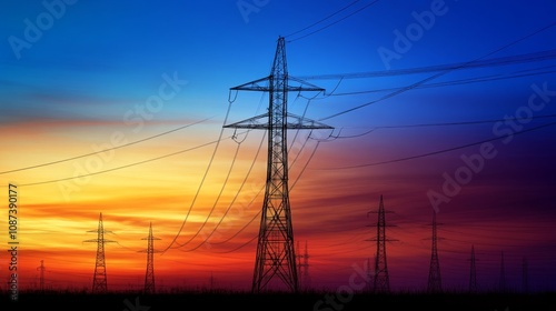 Wind turbine farm during golden hour electricity lines running across the countryside vibrant colors highlighting renewable energy innovation