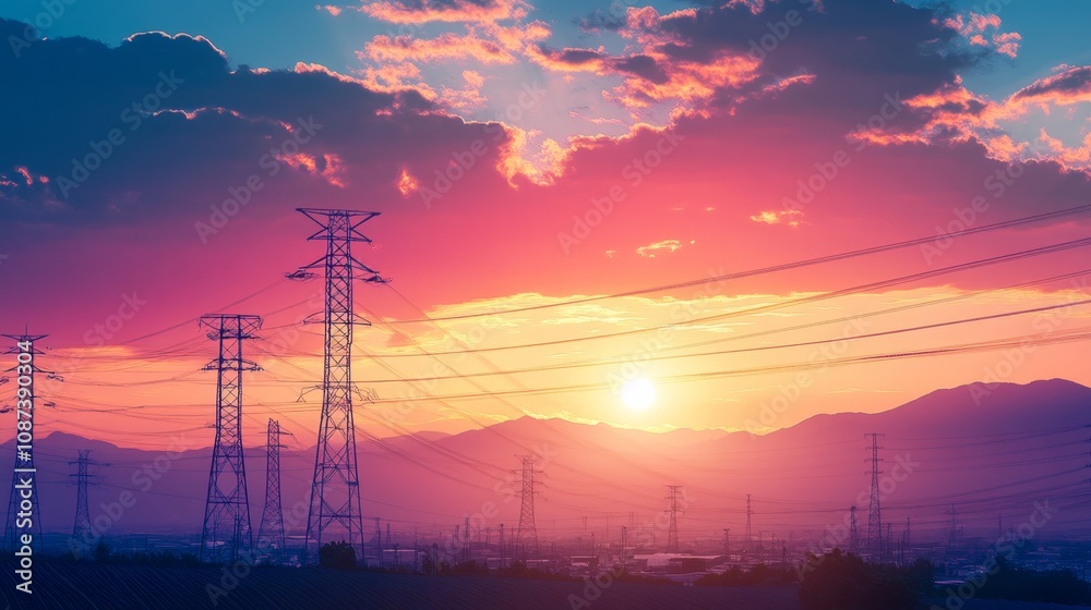 Wind turbines silhouetted against a vivid sunrise electricity pylons extending across rolling hills symbolizing clean energy transition Wind turbines silhouetted against a vivid sunrise electricity pylons extending across rolling hills symbolizing clean energy transition