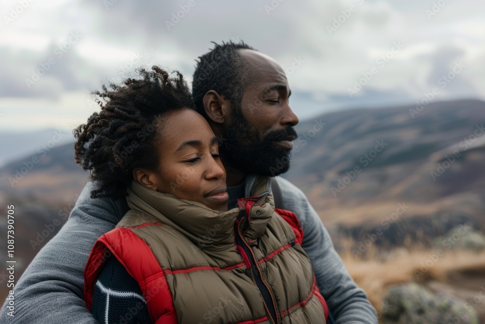Portrait of a tender afro-american couple in their 30s dressed in a thermal insulation vest while standing against panoramic mountain vista Portrait of a tender afro-american couple in their 30s dressed in a thermal insulation vest while standing against panoramic mountain vista
