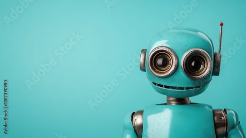 A cheerful retro-style robot with big eyes and antennas, showcased against a teal background, invokes a sense of friendliness and whimsical technology.