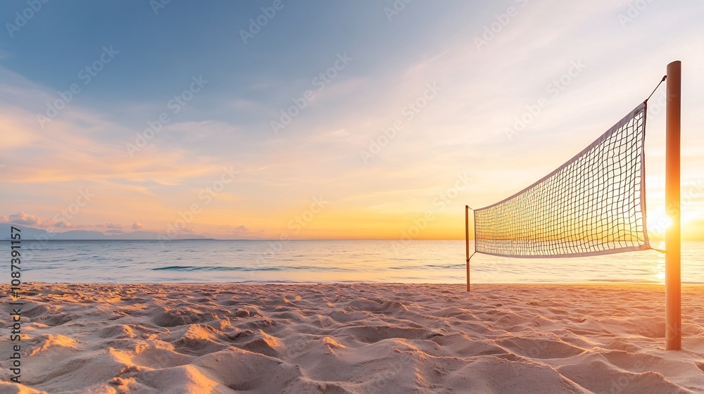 Volleyball Net on Sandy Beach at Vibrant Sunset Volleyball Net on Sandy Beach at Vibrant Sunset