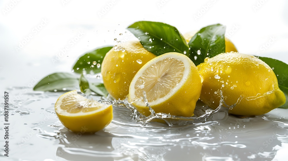 Fresh and Vibrant Lemons with Water Splash and Green Leaves on a White Background for Cooking, Health, and Refreshment Concepts Fresh and Vibrant Lemons with Water Splash and Green Leaves on a White Background for Cooking, Health, and Refreshment Concepts