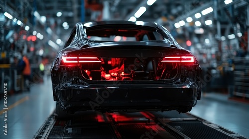 A sleek modern car is under assembly in a high-tech automotive factory, illuminated by bright lights, representing innovation and the future of transportation. photo