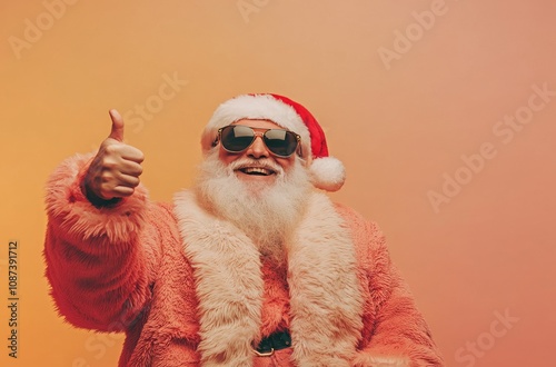 Photo of a happy Santa Claus wearing sunglasses, giving a thumbs-up, and posing against a solid-color background photo