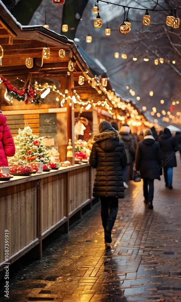 People taking in the sights and sounds of a classic wooden-stall Christmas market lit up by lights
People taking in the sights and sounds of a classic wooden-stall Christmas market lit up by lights