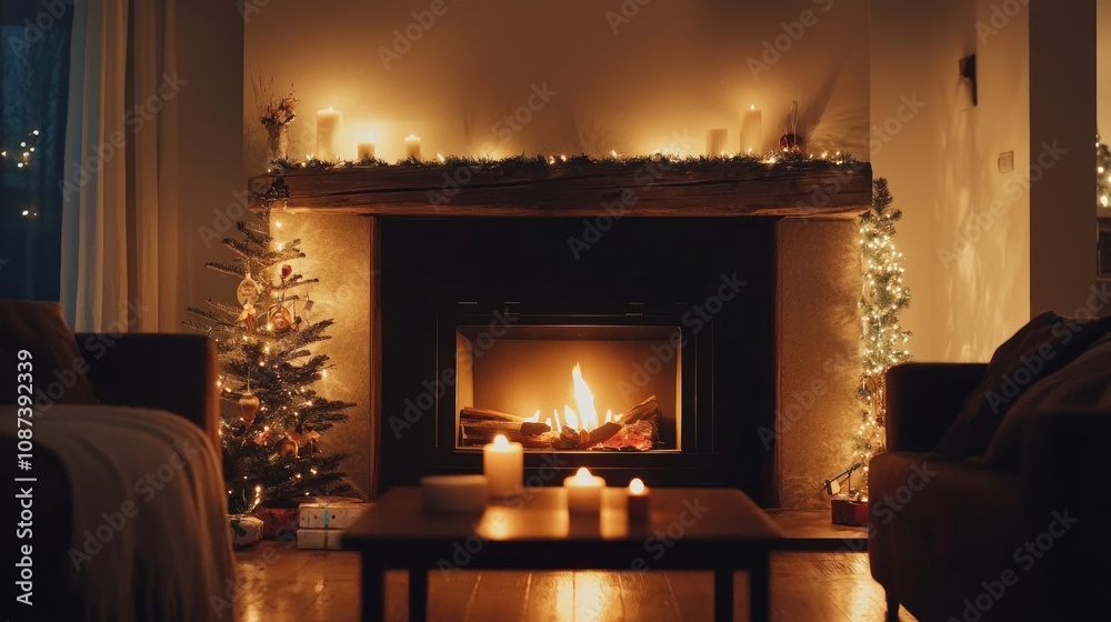 A minimalist Christmas fireplace setup, featuring understated decor and a soft glow, perfect for a modern holiday aesthetic A minimalist Christmas fireplace setup, featuring understated decor and a soft glow, perfect for a modern holiday aesthetic