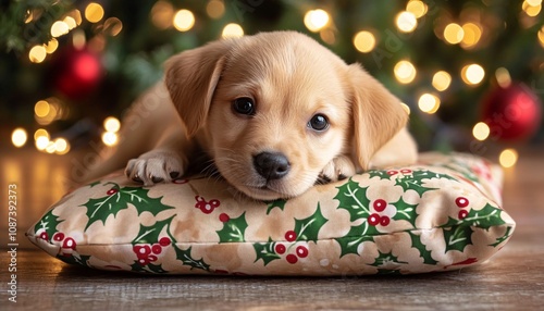 Adorable puppy resting on a festive holly-decorated pillow, capturing the warmth and joy of the holiday season in a cute pet Christmas scene photo