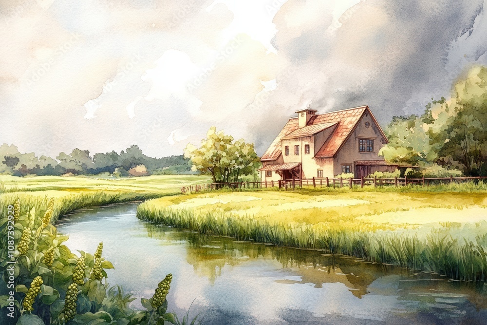 Obraz premium A picturesque watercolor illustration of a brewery house by a calm river, surrounded by lush green fields and gentle hops plants under a cloudy sky