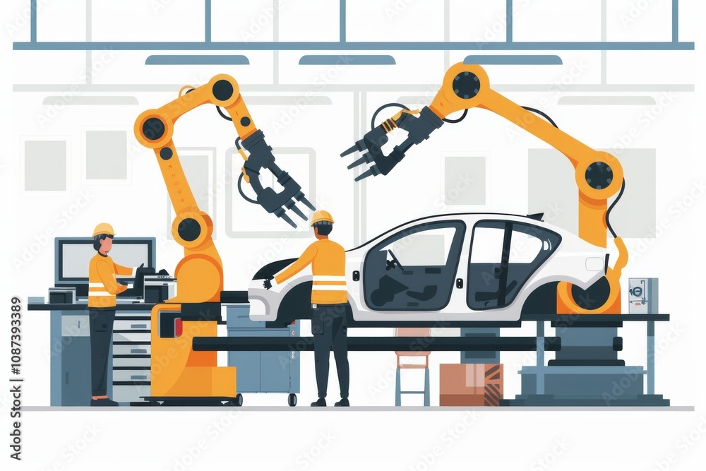 Advanced Robotic Arms in Automotive Assembly Line Showcasing High-Tech Manufacturing Process with Dedicated Workers and State-of-the-Art Equipment in Action Advanced Robotic Arms in Automotive Assembly Line Showcasing High-Tech Manufacturing Process with Dedicated Workers and State-of-the-Art Equipment in Action