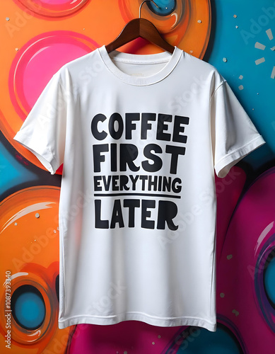 T-shirt mockup showing a white shirt with the phrase Coffee First, Everything Later in large playful letters, placed on a vibrant colorful backdrop with abstract shapes. photo