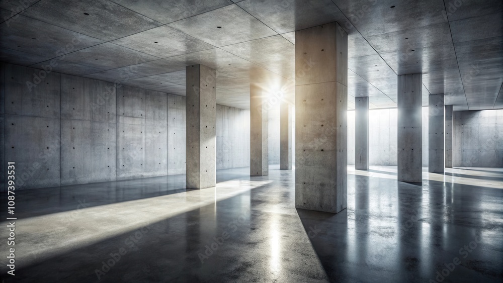 Sunlight streams through the open space of a minimalist concrete building with large pillars creating a dramatic play of light and shadow. Sunlight streams through the open space of a minimalist concrete building with large pillars creating a dramatic play of light and shadow.