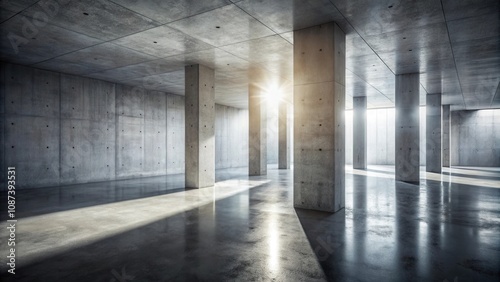 Sunlight streams through the open space of a minimalist concrete building with large pillars creating a dramatic play of light and shadow.