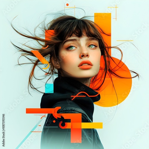 Mesmerizing Retro Pop Art Woman with Alluring Expression and Fluid Movements Digital Painting in a Style with Kaleidoscopic Patterns and Neon Infused Color Scheme photo