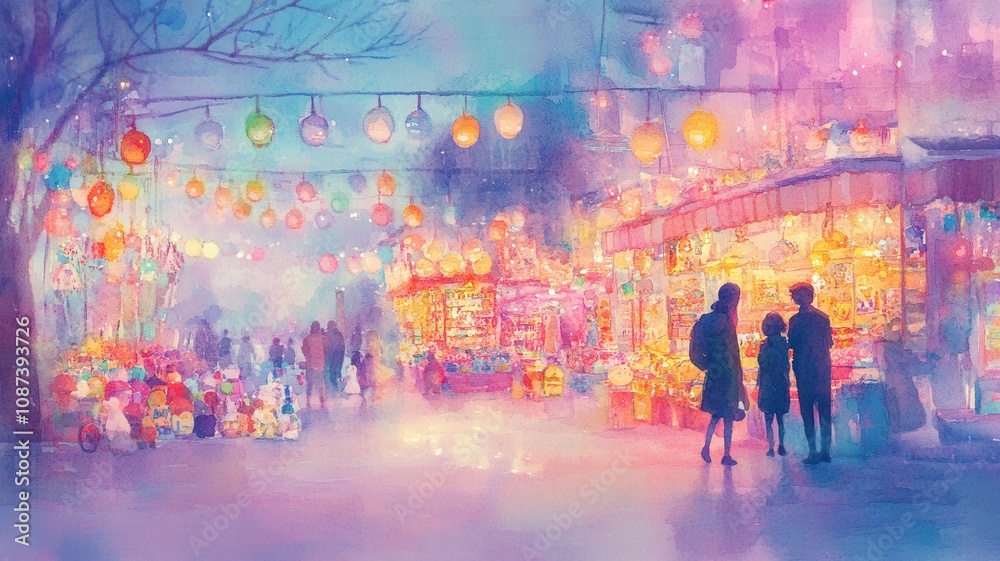 A vibrant, dreamy street scene illuminated by colorful lanterns, with silhouettes of people enjoying a festive atmosphere. A vibrant, dreamy street scene illuminated by colorful lanterns, with silhouettes of people enjoying a festive atmosphere.