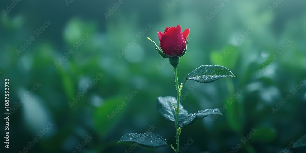 Fototapeta premium Beautiful Red Rose with Dew Drops Surrounded by Lush Green Leaves in a Soft, Misty Background, Perfect for Nature and Floral Themes