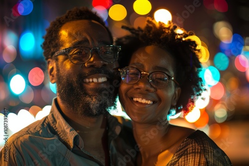 Portrait of a blissful afro-american couple in their 40s sporting a breathable mesh jersey in front of glittering city nightlife